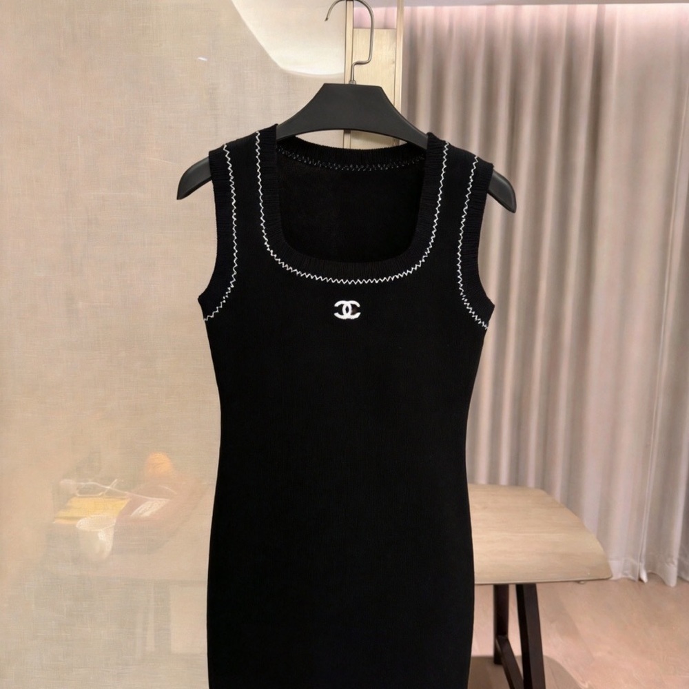 Black Sleeveless Knit Mini Dress with White Trim